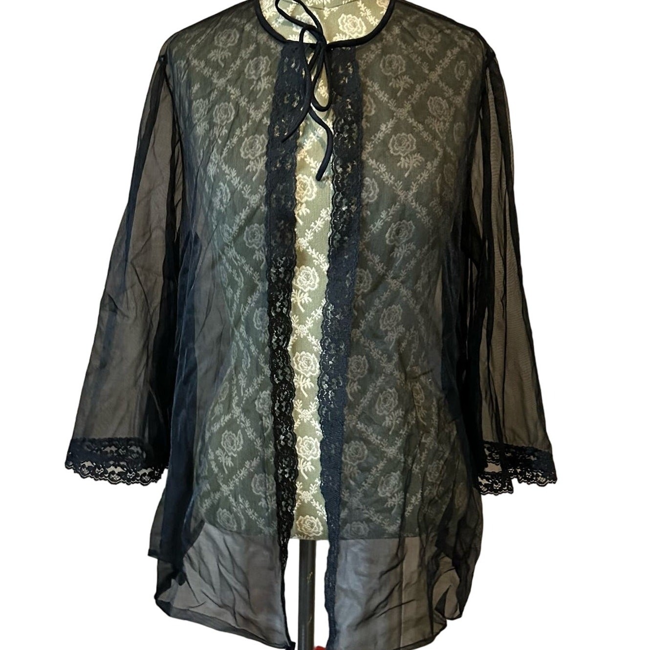 Vintage Black Sheer Lace Bell Sleeve Boudoir Jacket Pin Up Lingerie S/M