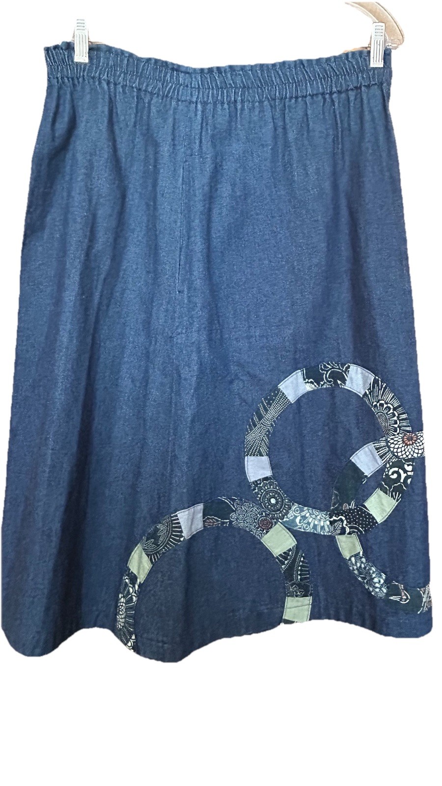 VTG Japanese A- Line Midi Denim Skirt L Sashiko Inspo Ring Appliqué Boho Artsy