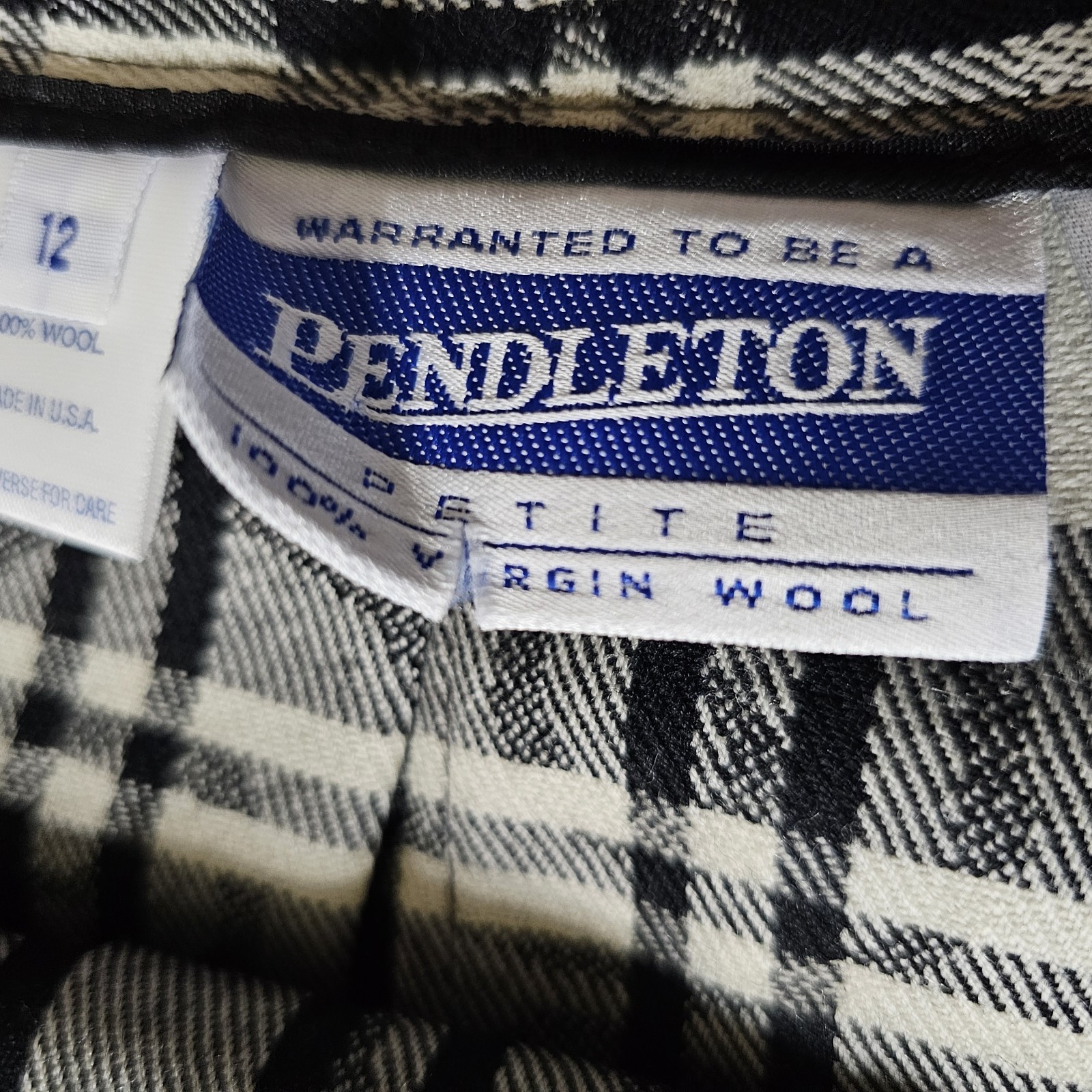 NWT VTG Pendleton Plaid Pleated Midi Skirt Black White 100% Virgin Wool Sz 12