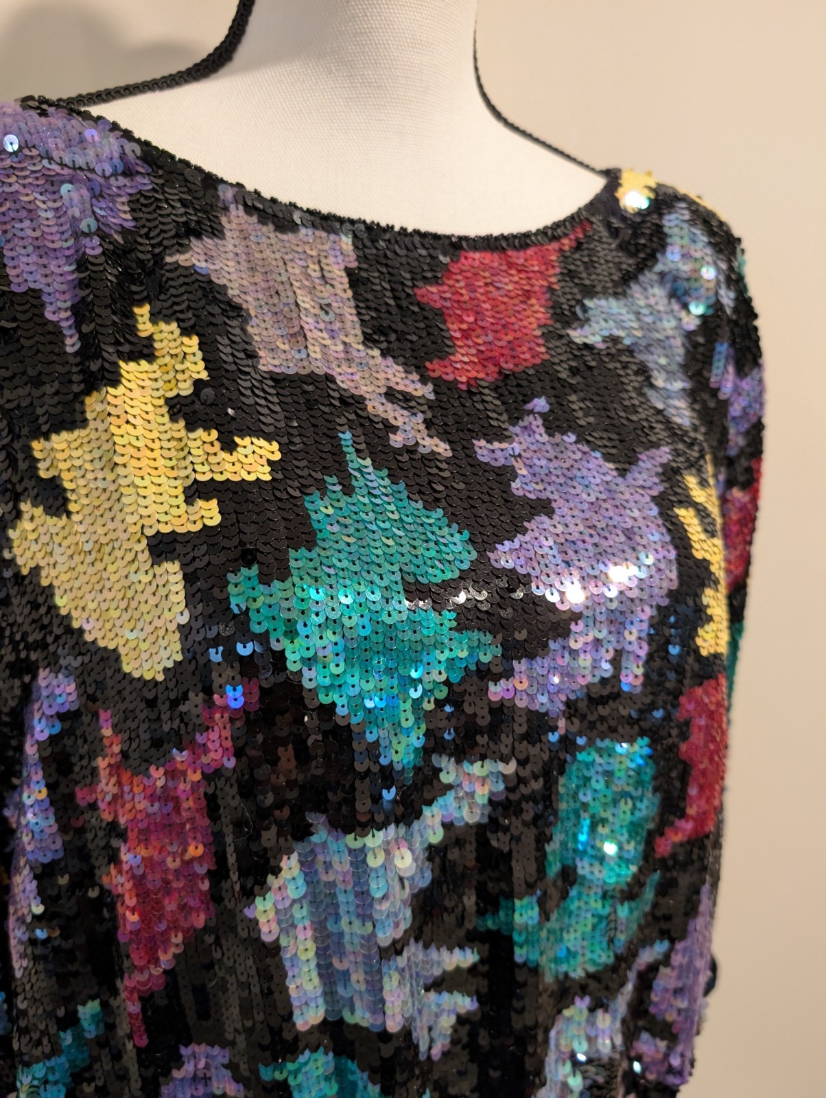 Vintage Three Flaggs Multi Color Full Sequin Silk Top 80s Size L