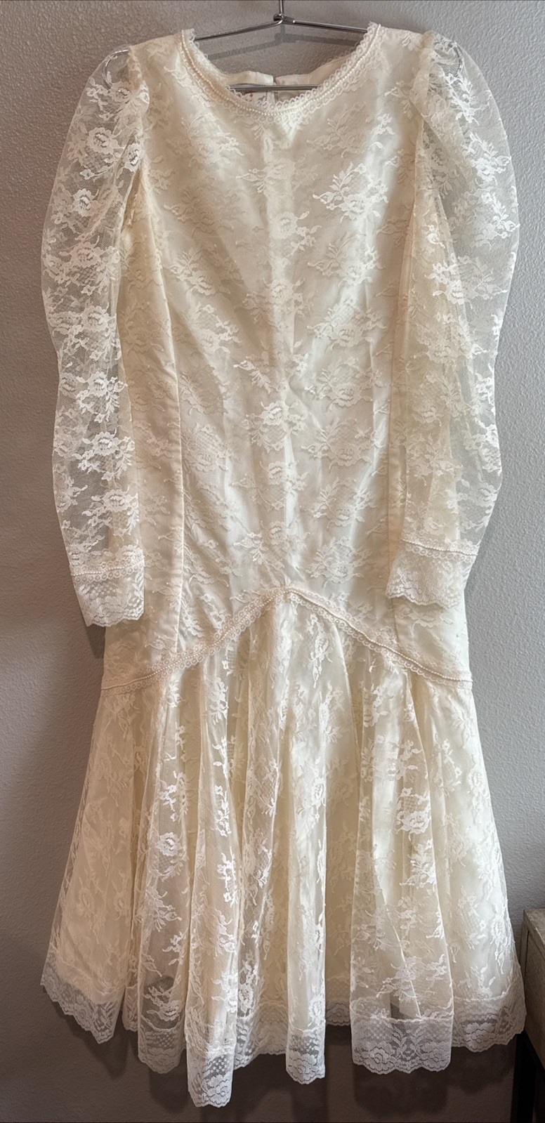 Vintage Handmade Ivory Mermaid Style Drop Waist Wedding Dress Lace Pearl S/M