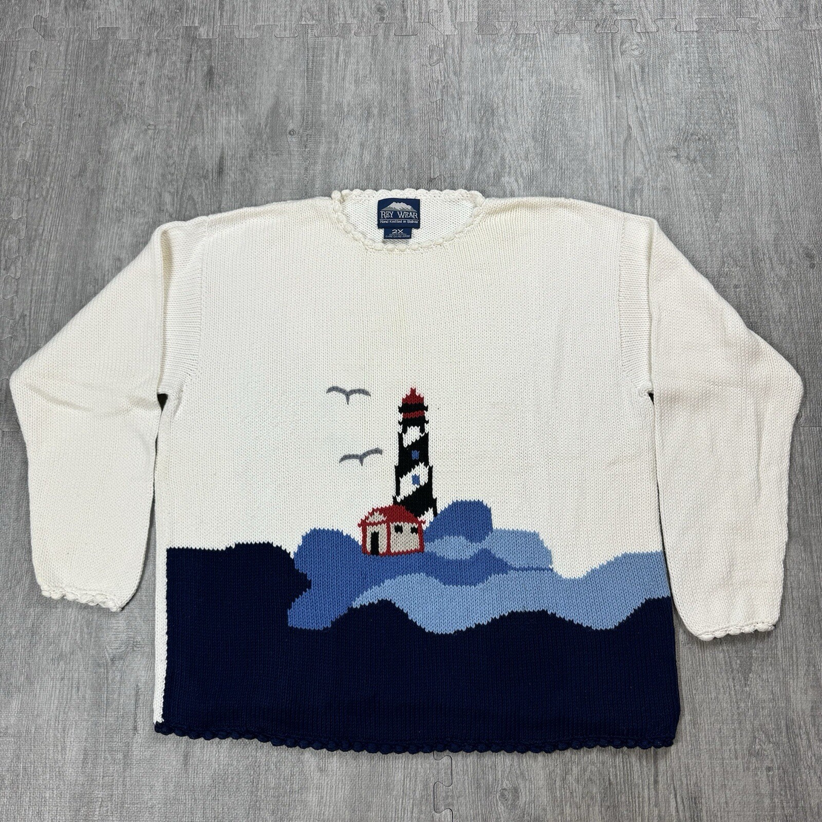 VTG 90S REY WEAR HAND KNIT COTTON LIGHTHOUSE OCEAN GRAPHIC SWEATER WOMENS 2XL
