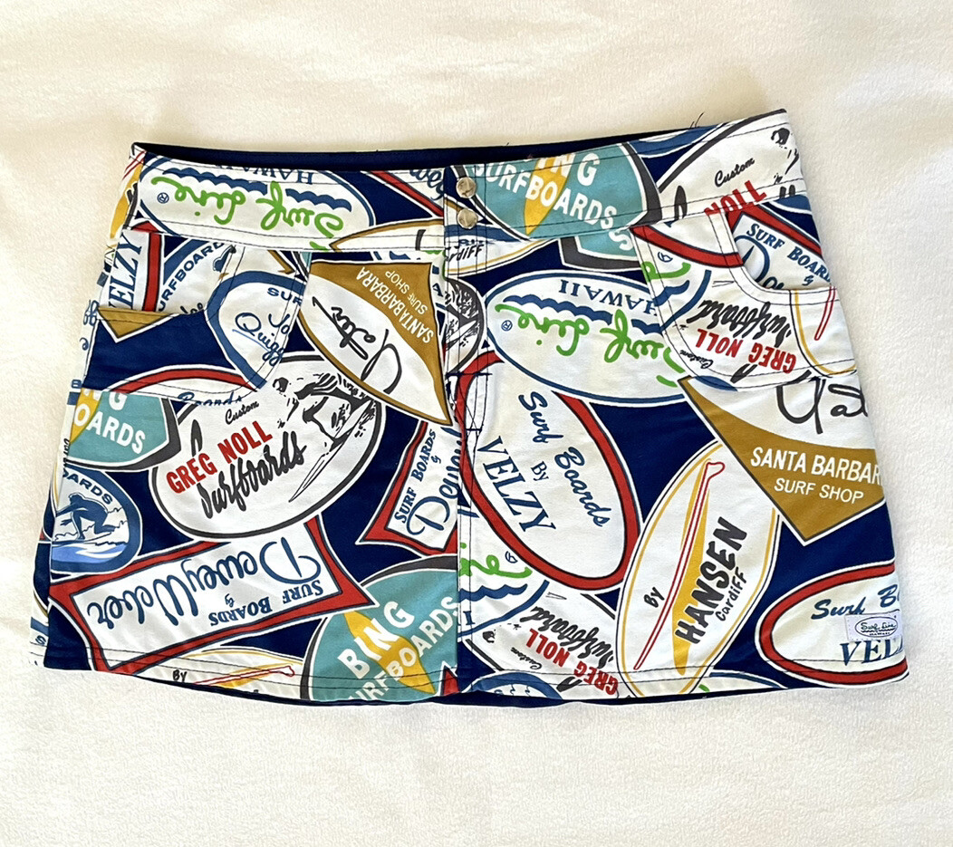 SURF LINE Hawaii Mini Skirt Surfboard Shop Logos Reversible Navy sz L