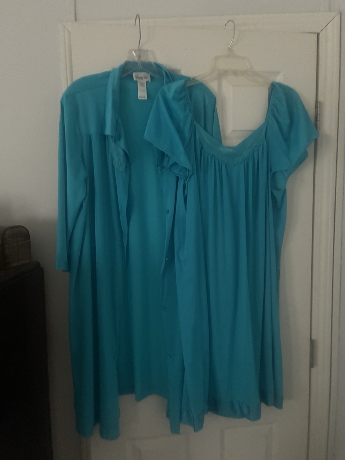 Vintage Vanity Fair Teal Aqua Nylon Nightgown & Robe Set Sz Large 42