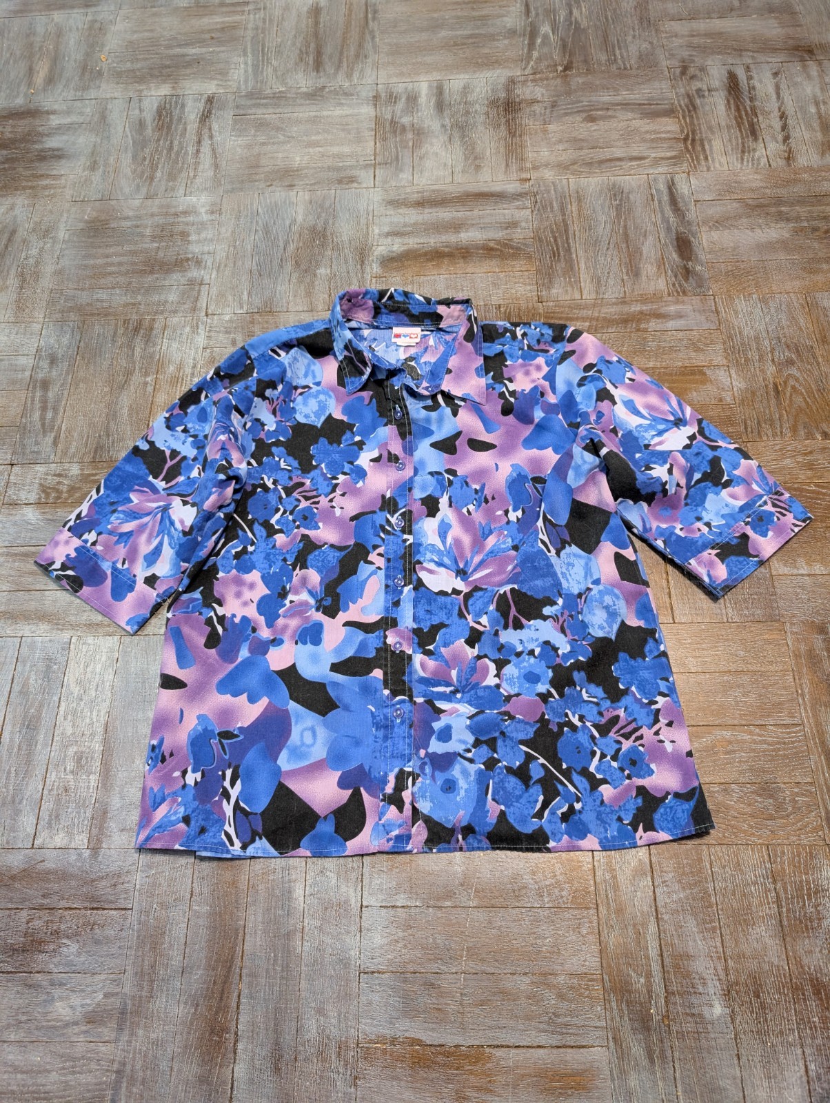 Vintage 90s American Sweetheart Floral Button Shirt L Purple Blue Black Womens