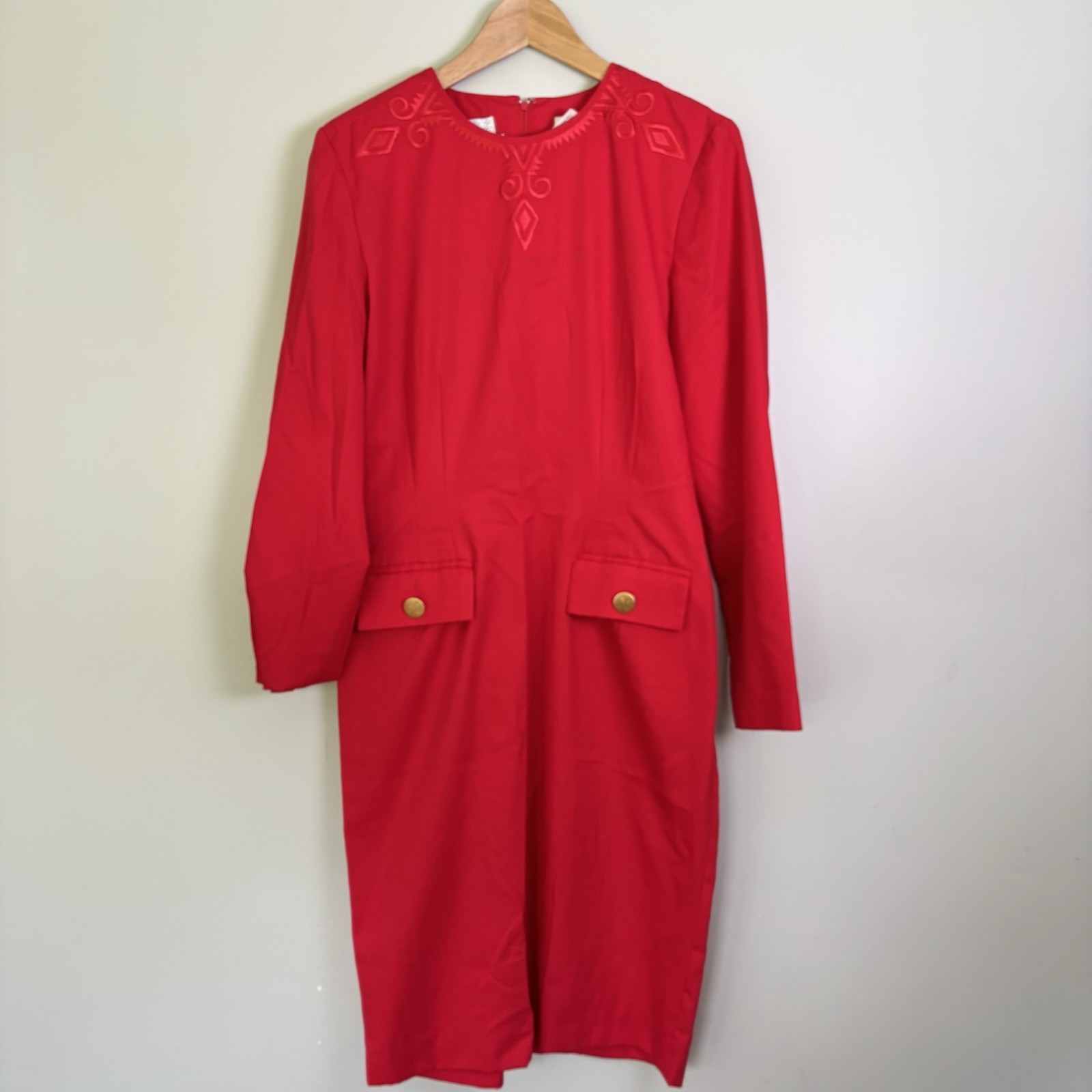 Vintage 80s Classic by Leslie Fay Red Long Sleeve Embroidered Sheath Dress-Sz 10