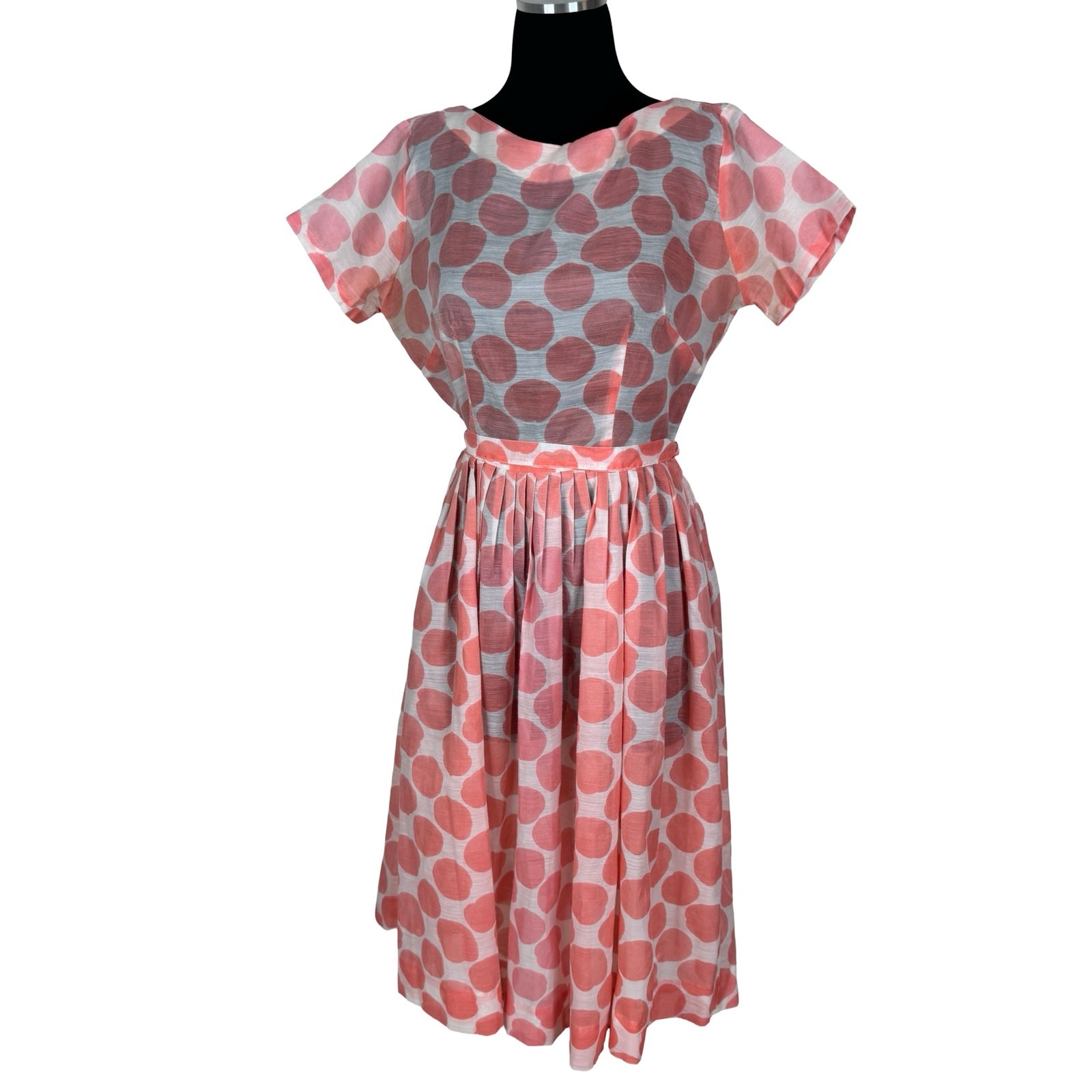 Vintage 50s Pink Polka Dot Sheer Dacron Dress w Original Belt | Rockabilly Pinup