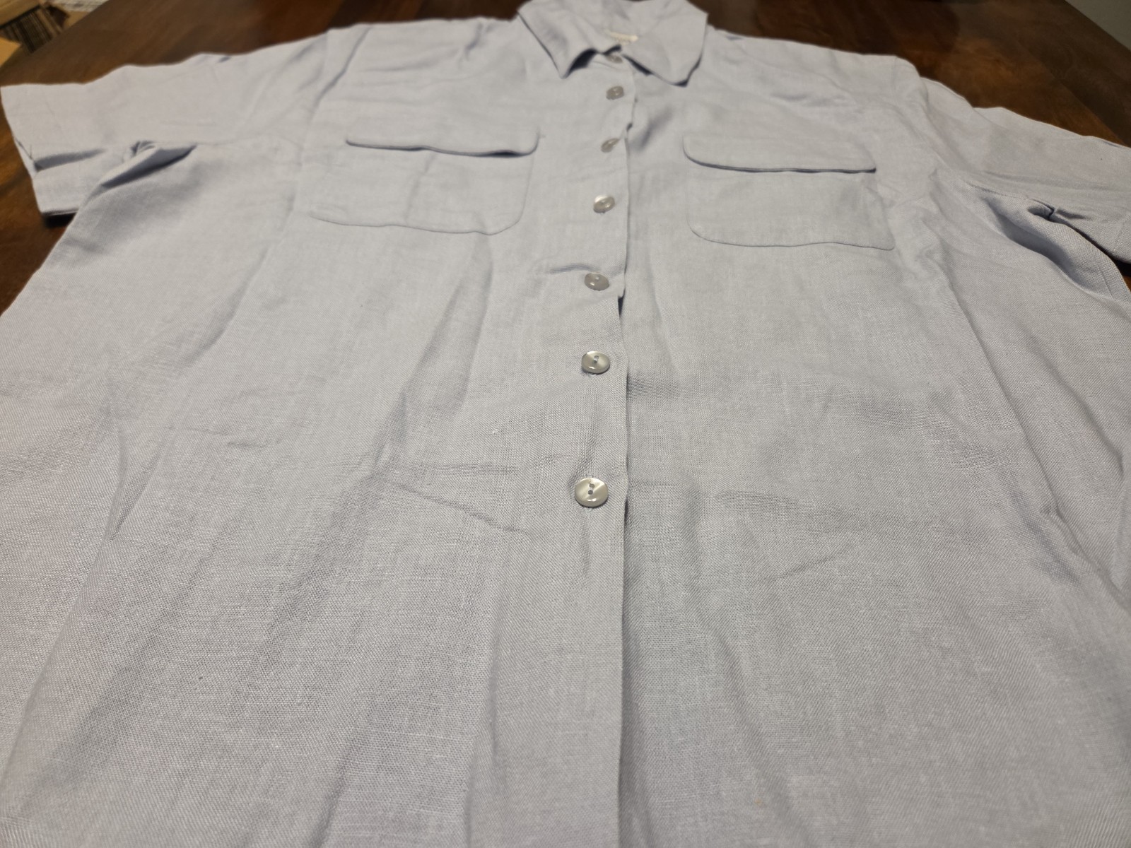 VTG Apparenza Blue Linen Rayon Camp Shirt Petite L Flap Pockets Shoulder Pads