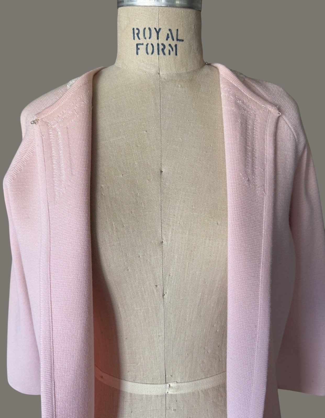 Vintage 1960s PINK Dorce for LeRoy 100% Wool Knit Open Cardigan Beaded Sweater