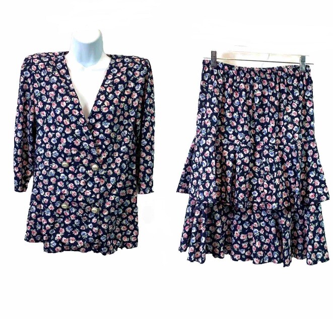 Paquette Too! Vtg 80s Womens Top Skirt Set Cottagecore Secretary Floral Sz 8