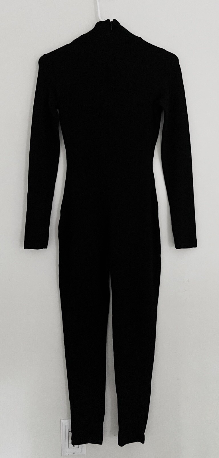 Vtg ANNE KLEIN Wool Stretch Bodysuit Jumpsuit 8 Black Long Sleeve 1990s/Y2K