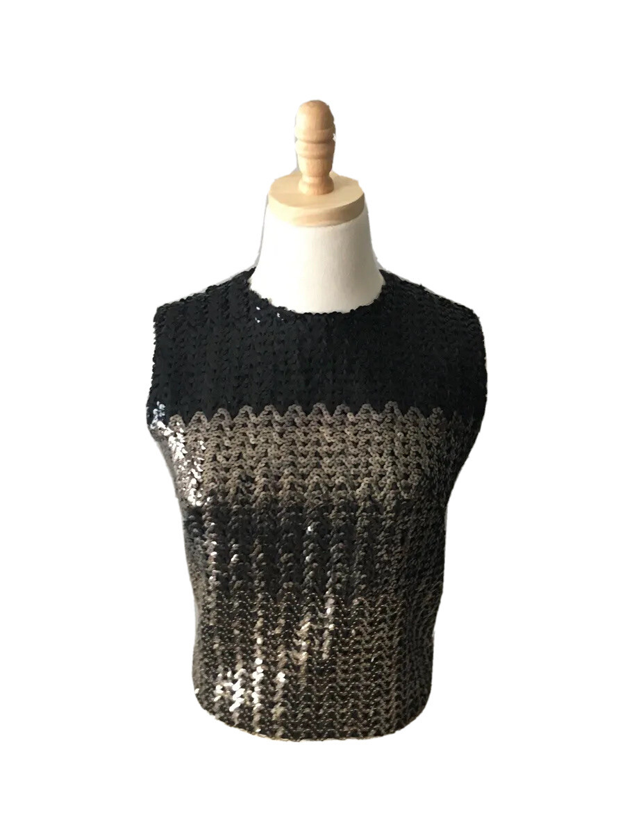 Vtg Art Deco Sequin Embellished Sleeveless Top Black Silver Zip Up Back Sz 10