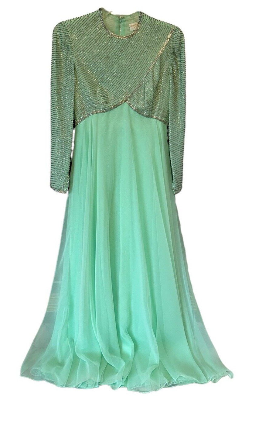 VTG 1960s Victoria Royal Ltd Gown Sz 6 Seafoam Green Beaded Rhinestones Lined