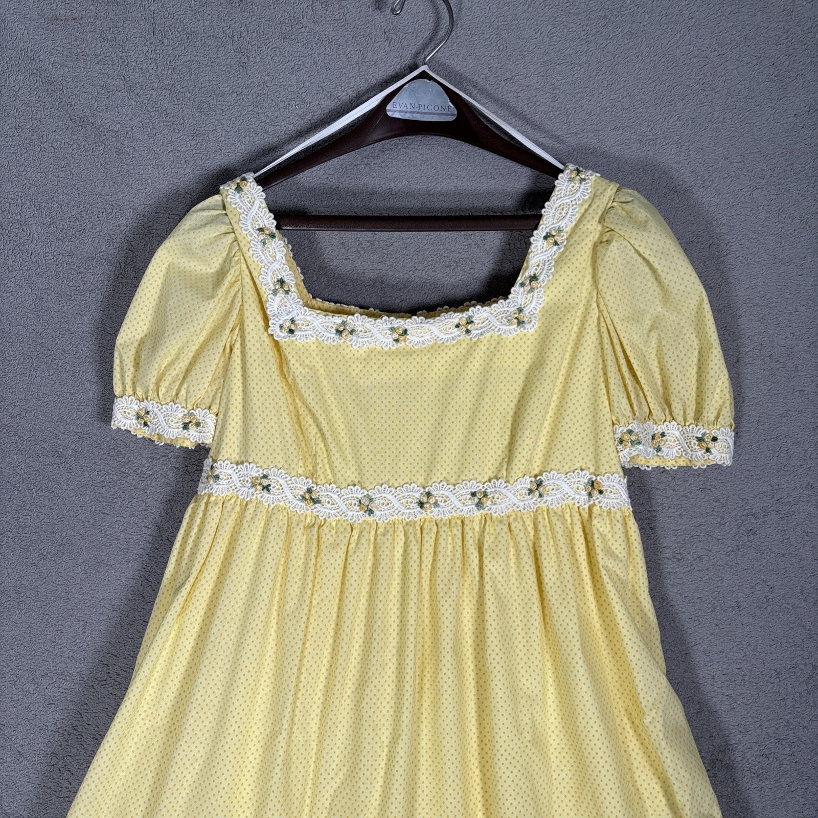 Vintage Yellow Polka Dot Prairie Maxi Dress Lace Trim Cottagecore Puff Sleeve