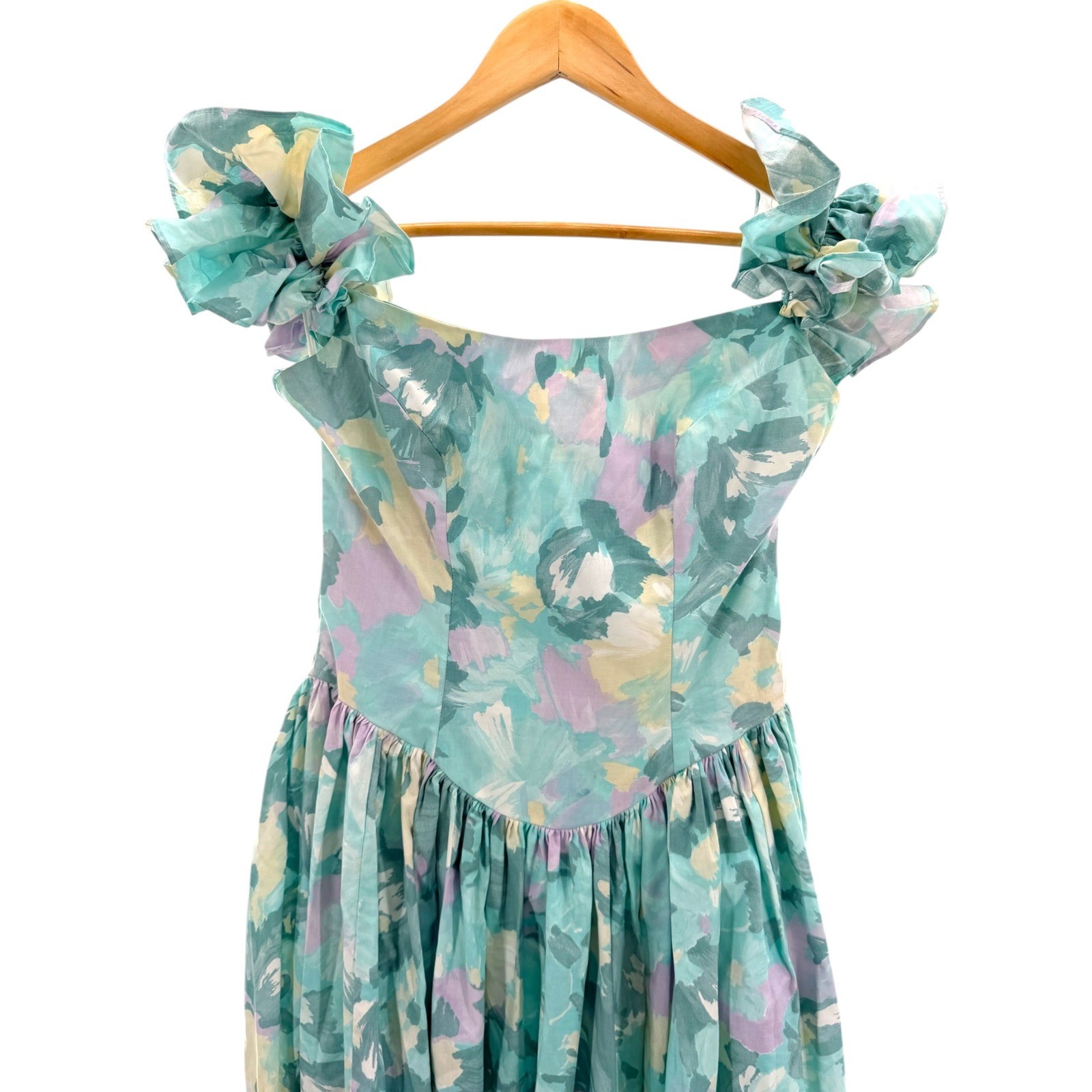 Vtg Dance Allure Alfred Angelo Floral Cotton Maxi Dress Ruffle Sleeves Cottage M