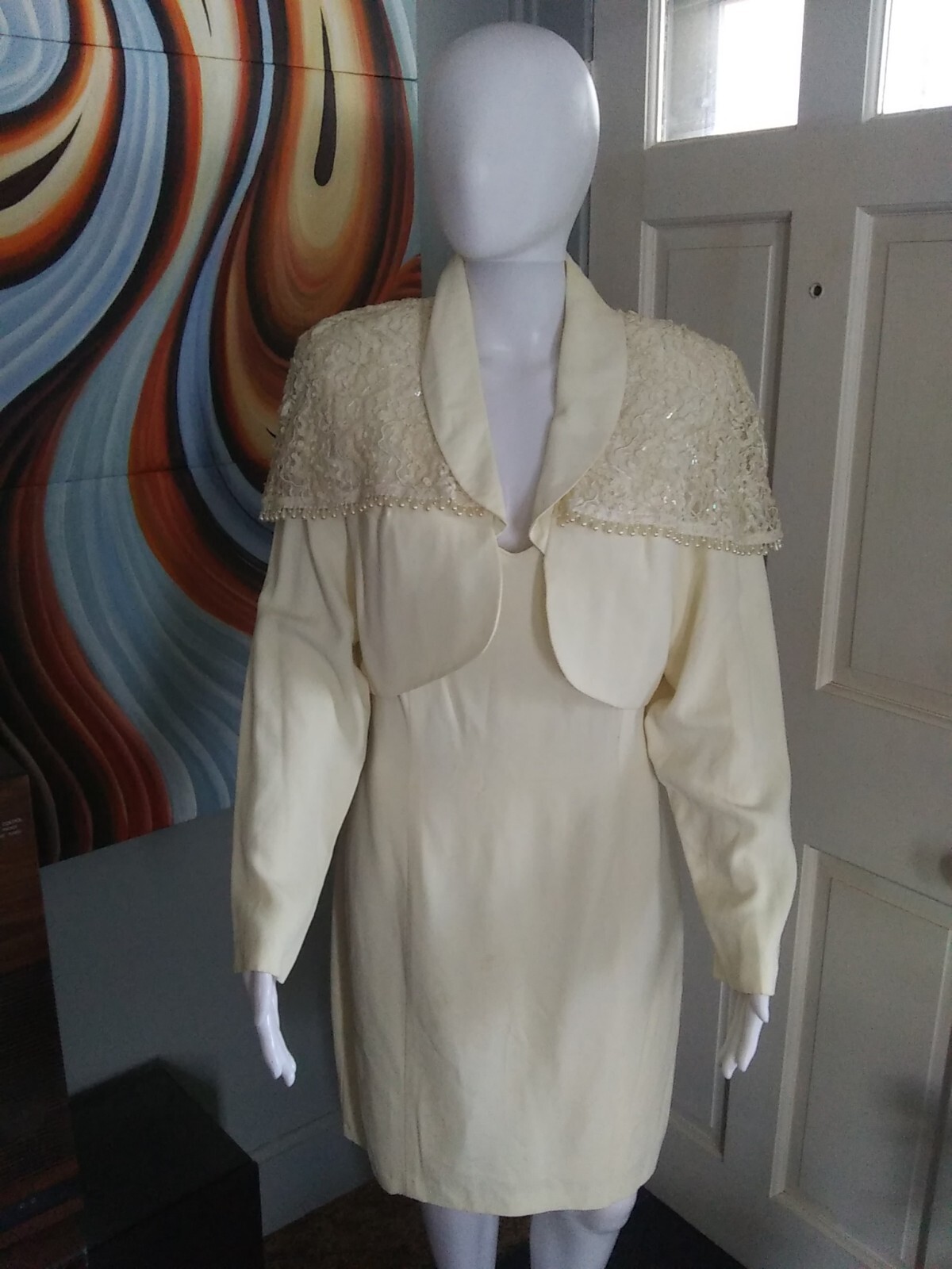Vintage 90s LA Glo Women’s Cocktail Dress w/ Bolero Jacket Size 13/14 White USA