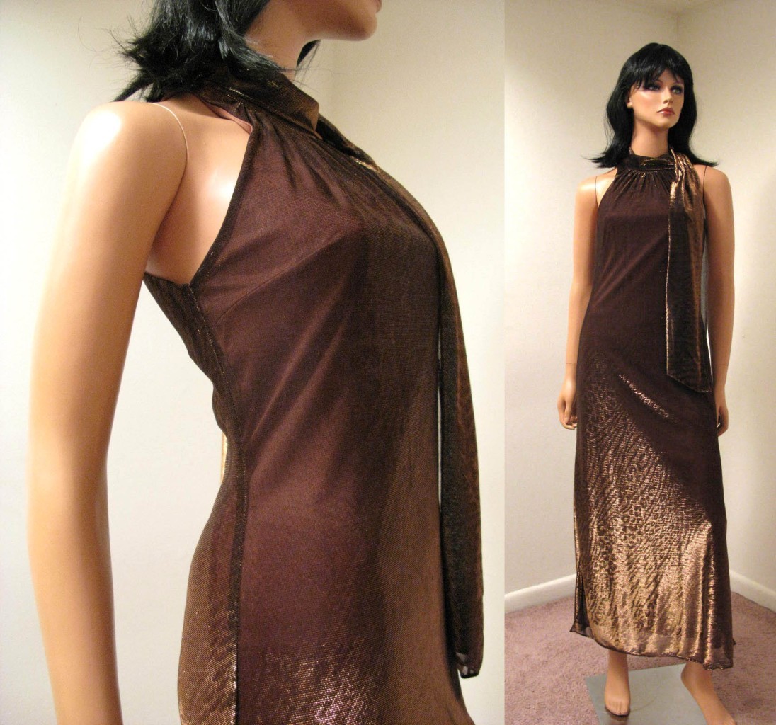 Vintage Long Metallic Copper Bronze Disco Dress XS S Sleeveless High Collar Glam
