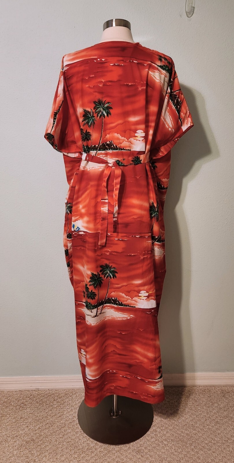 Vintage 1970s Red Sailing Hawaiian Tropical Beach Maxi Kaftan Back Tie One Size