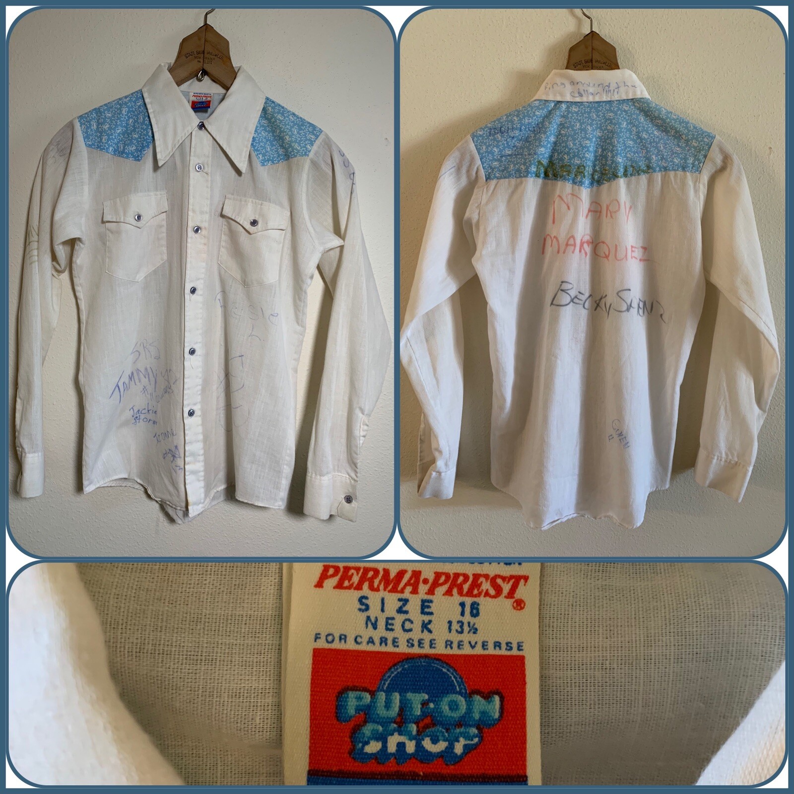 70s SEARS Put-On Shop AUTOGRAPH SHIRT Western Novelty Distressed School 80s VTG