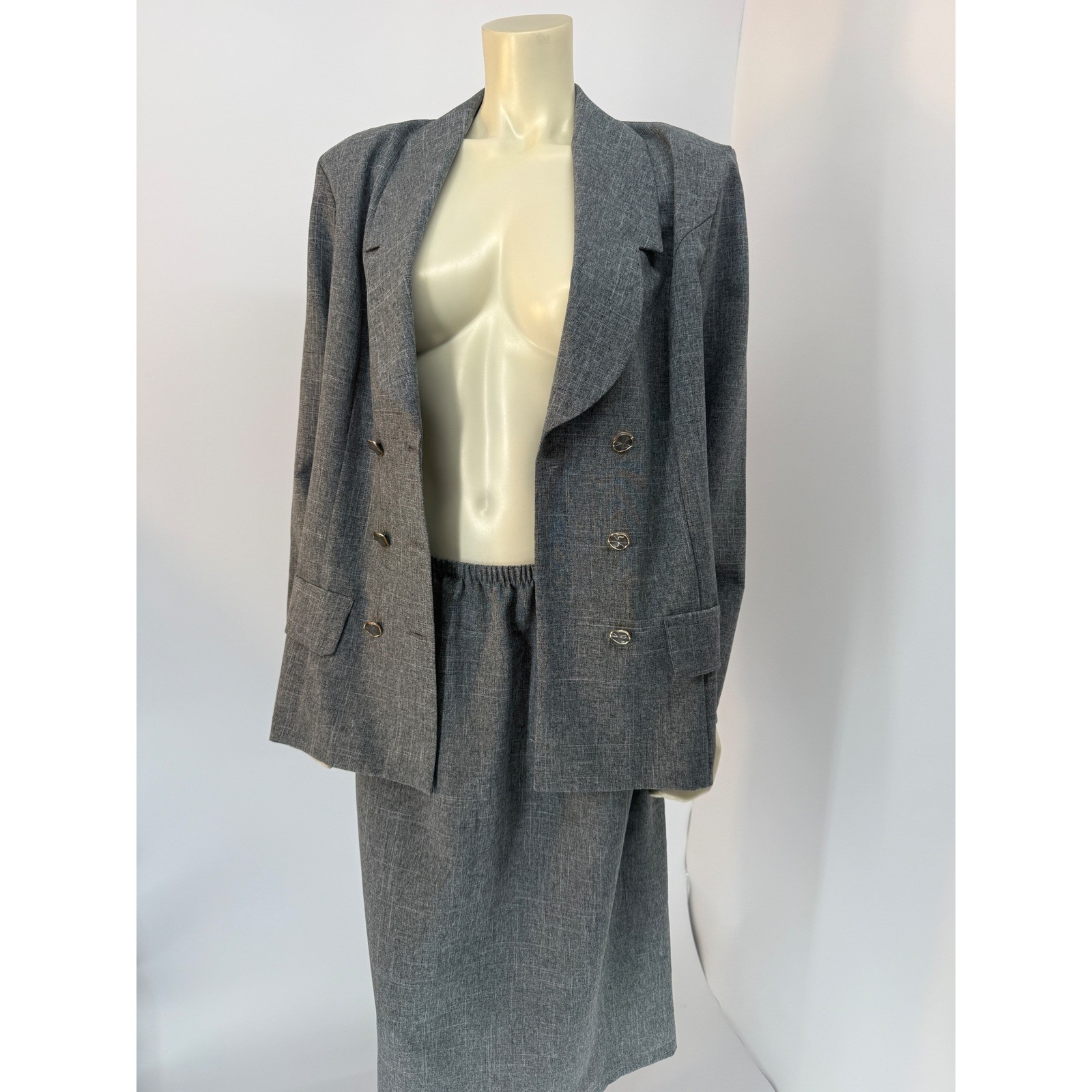 Vintage 80s Prelude Grey Skirt Suit Power Suit Size 16 Bold Shoulder Lightweight