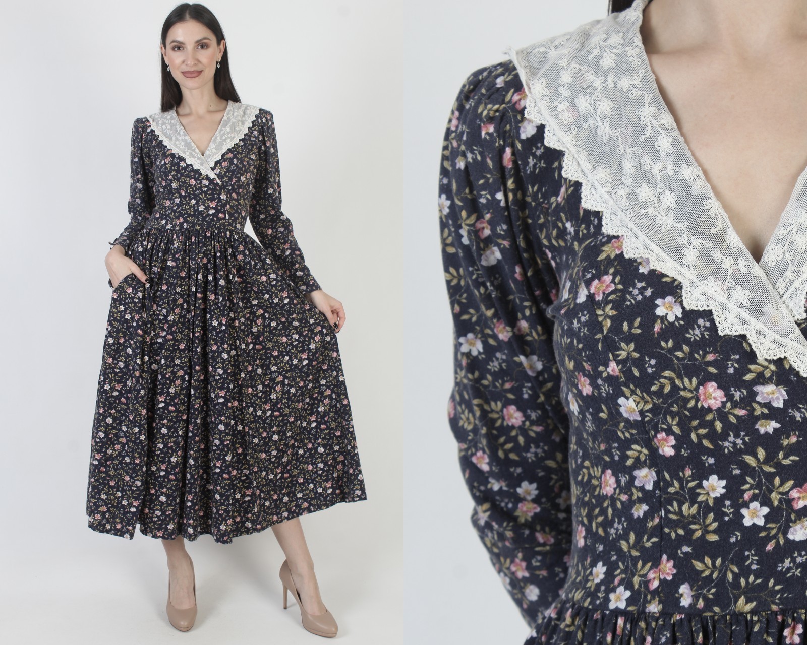 Vtg Laura Ashley Floral Dress Lace Collar Country Barn Wedding Pocket Ditsy Gown