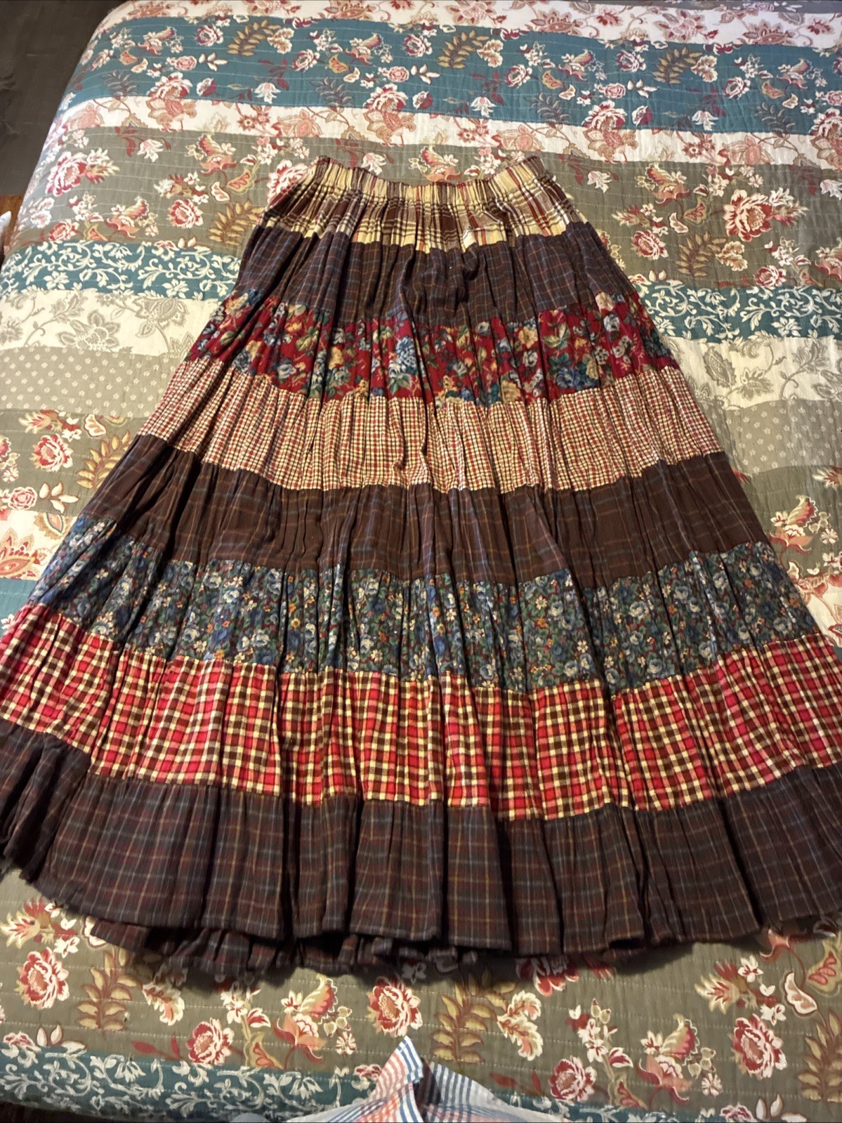Vintage Lucia Lukken Broomskirt Skirt Womens Mix Patchwork Floral Boho M/L Brown
