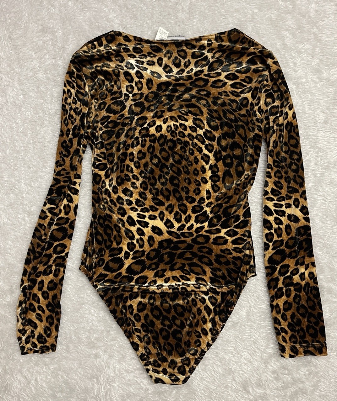 Vintage Velour Leopard Print Long Sleeve Scoop Neck Bodysuit Size Large
