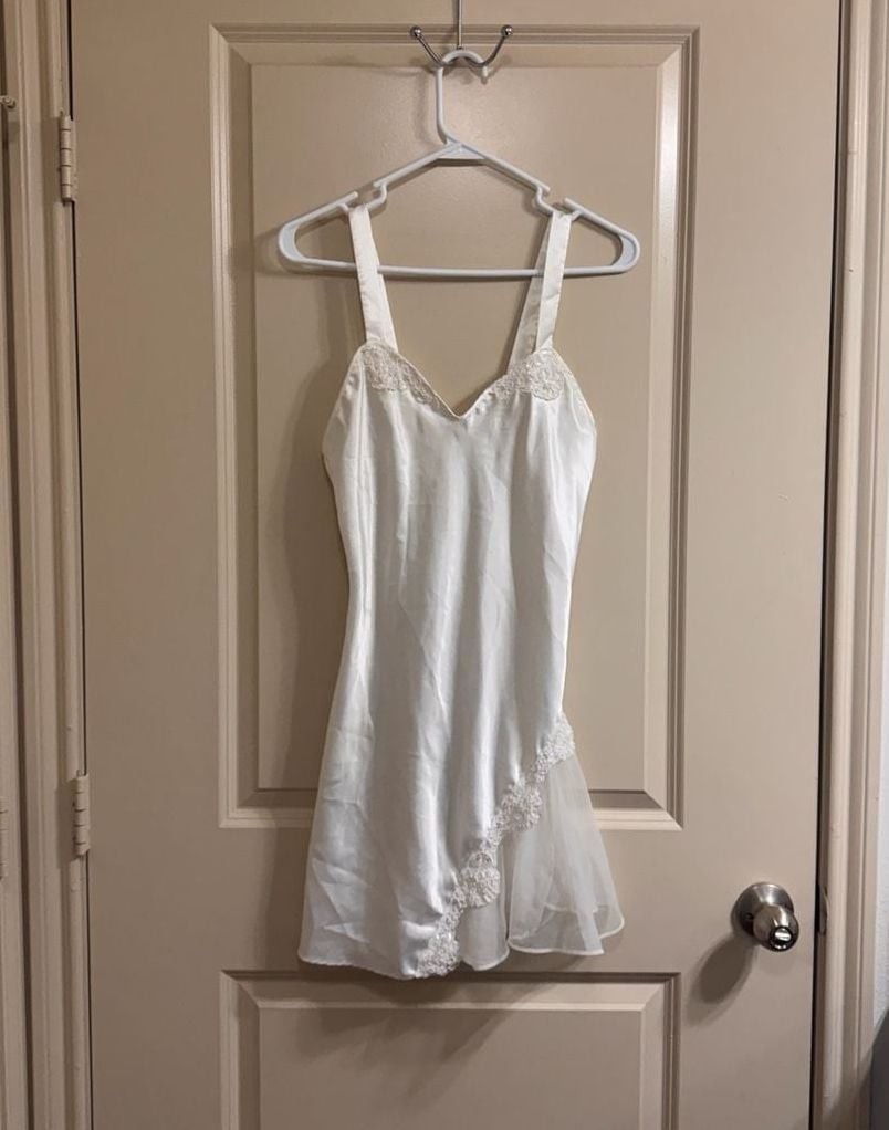Vintage White Satin Mini Slip Dress with Lace and Tulle Trim