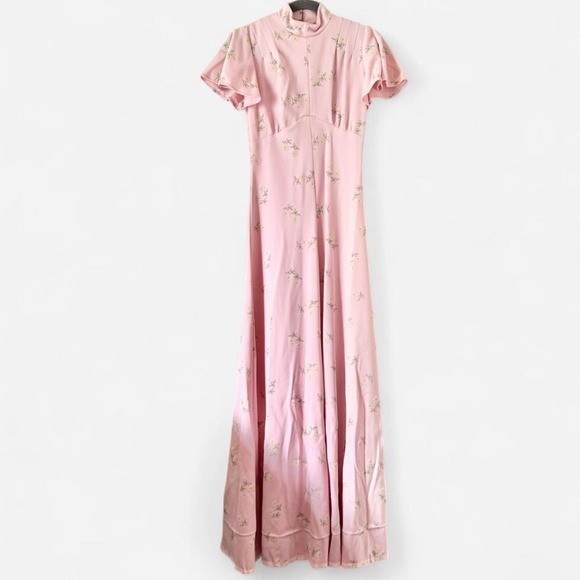 Vintage 70s high neck pink floral maxi dress daisy prairie flutter sleeve tall