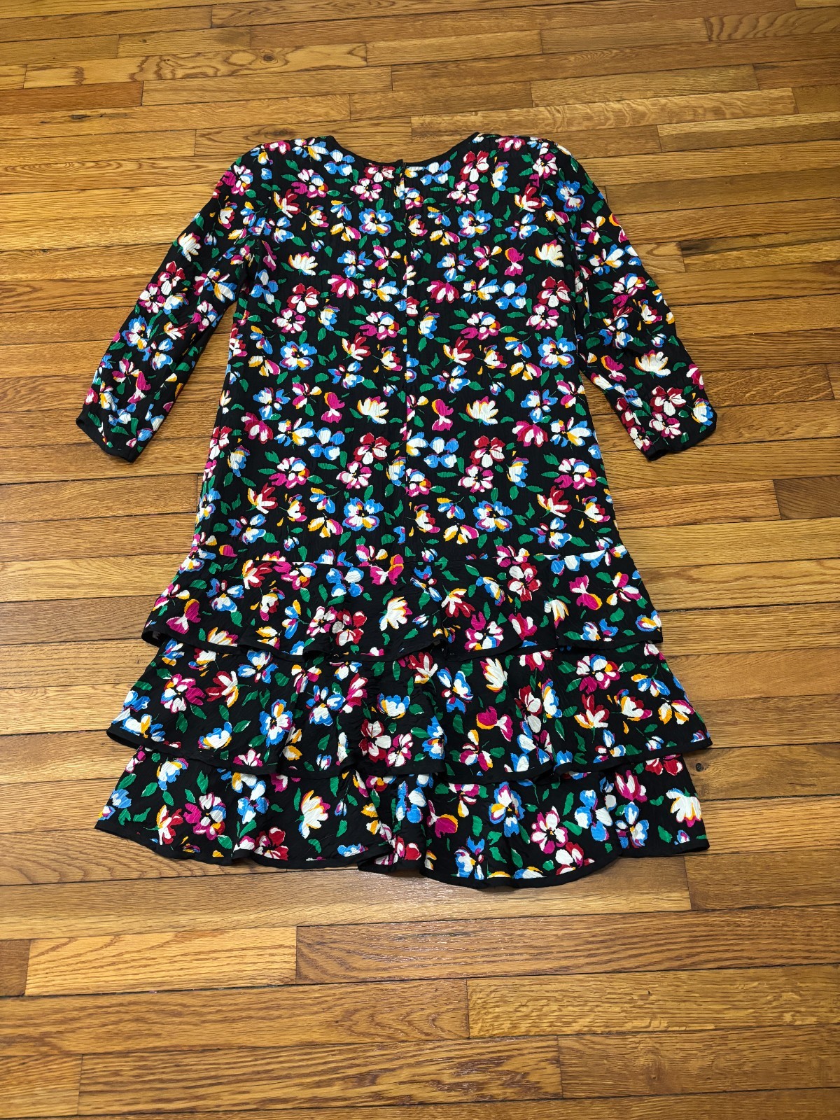 Vintage Richard Warren Womens 100% Silk Dress Sz 16 Black Floral Layered Ruffle