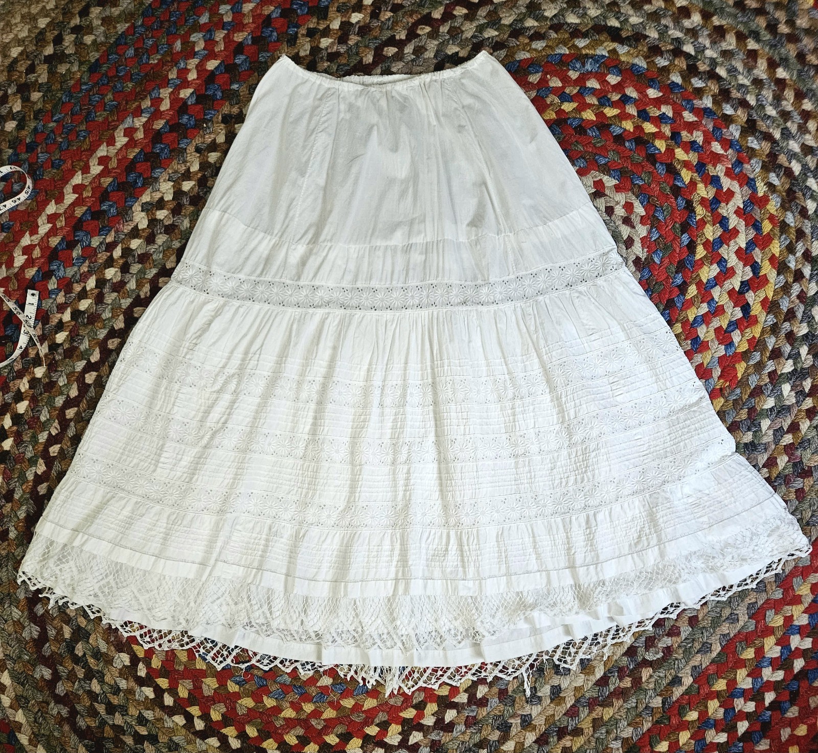 Antique Edwardian Victorian 1900s White Cotton Eyelet Lace Petticoat Altered