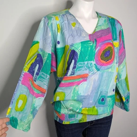 Vintage Jo Hardin Blue Green Pink Colorful Abstract Artsy Blouse 10
