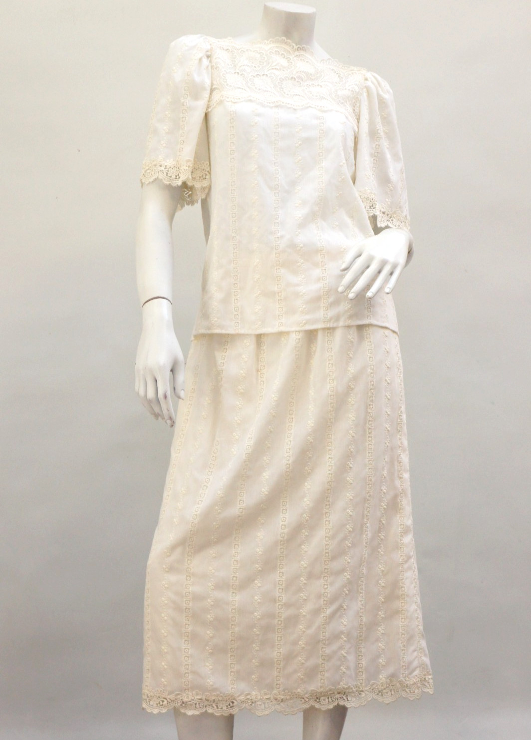 Vintage 70s Creme White Prairie Lace Blouse And Skirt Set Boho Cottagecore