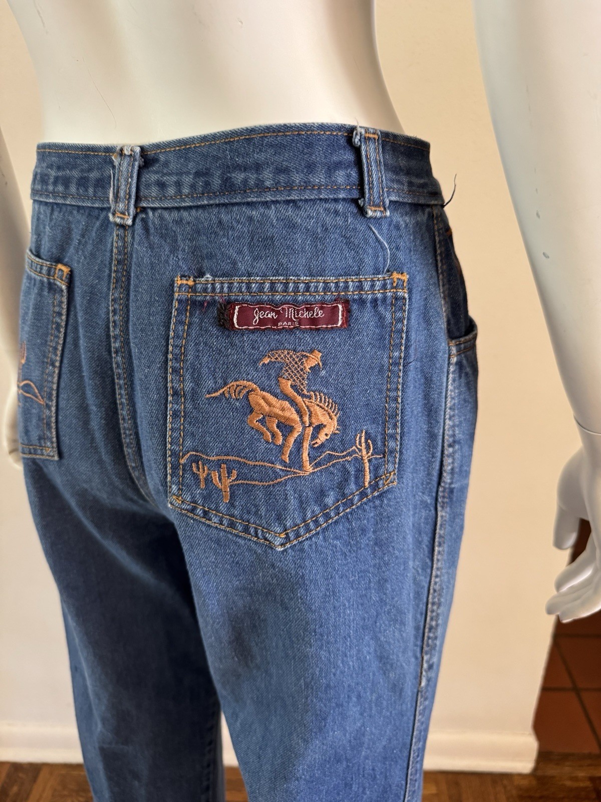 70s Vtg Jean Michele Paris Western Cowgirl Denim Jeans W 27 L 30 Embroidered