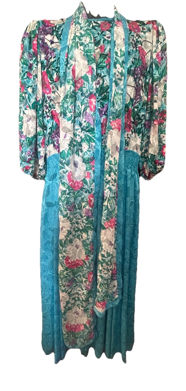 VTG 80’s Diana Freis Floral Print Brocade Poly Dress W/ Sequins+Scarf NWT Mod 12