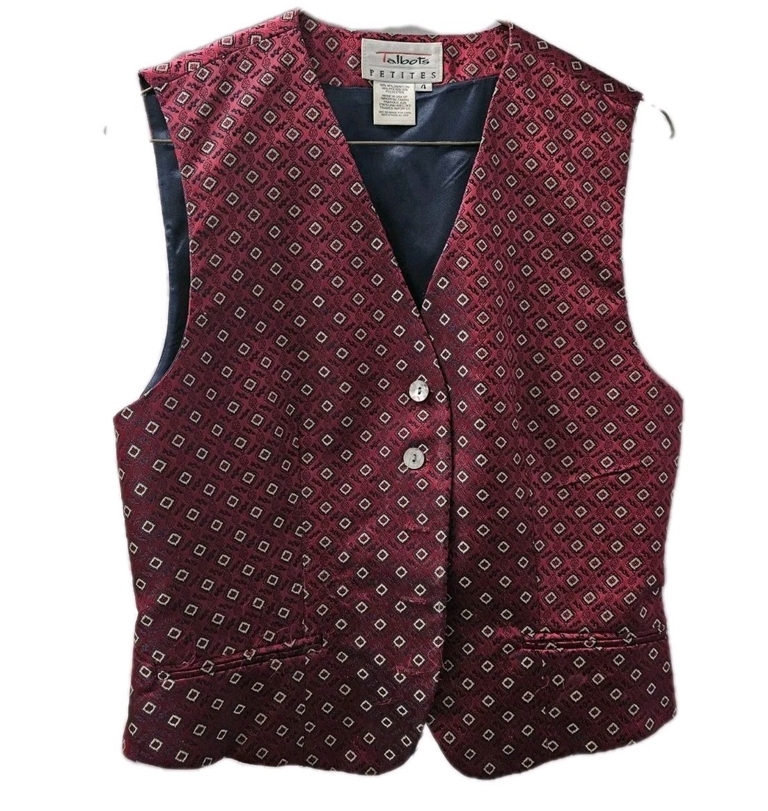 Talbots Petites Patterned Vest 2 Button Burgandy Geometric ined Womens 4 VTG