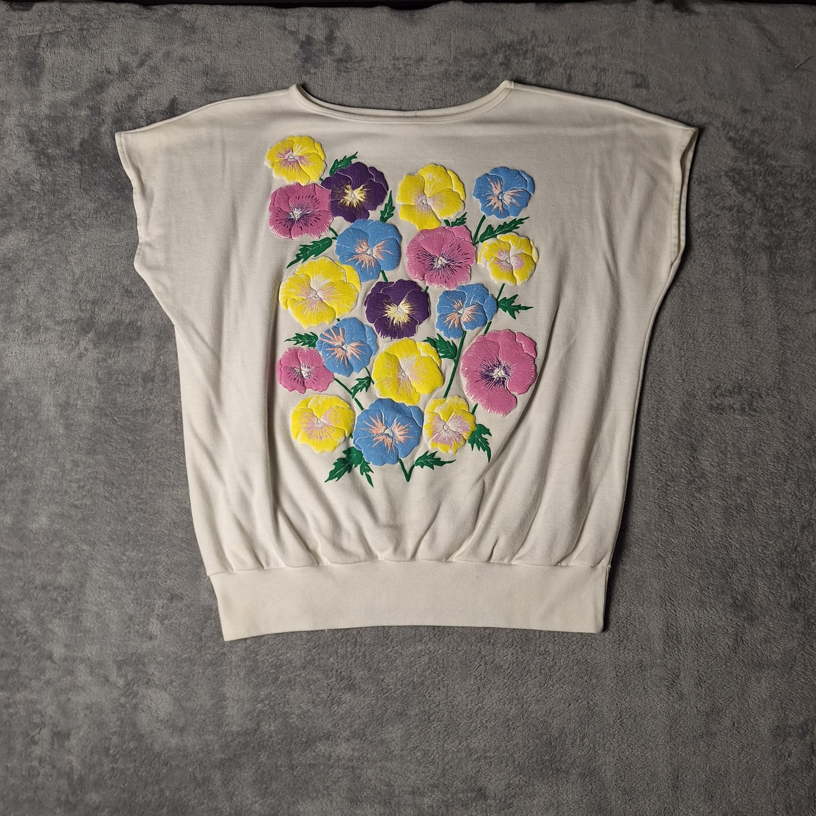 Vintage 80s 90s Floral & Ribbon Batwing Blouse T-Shirt Top Yellow Medium