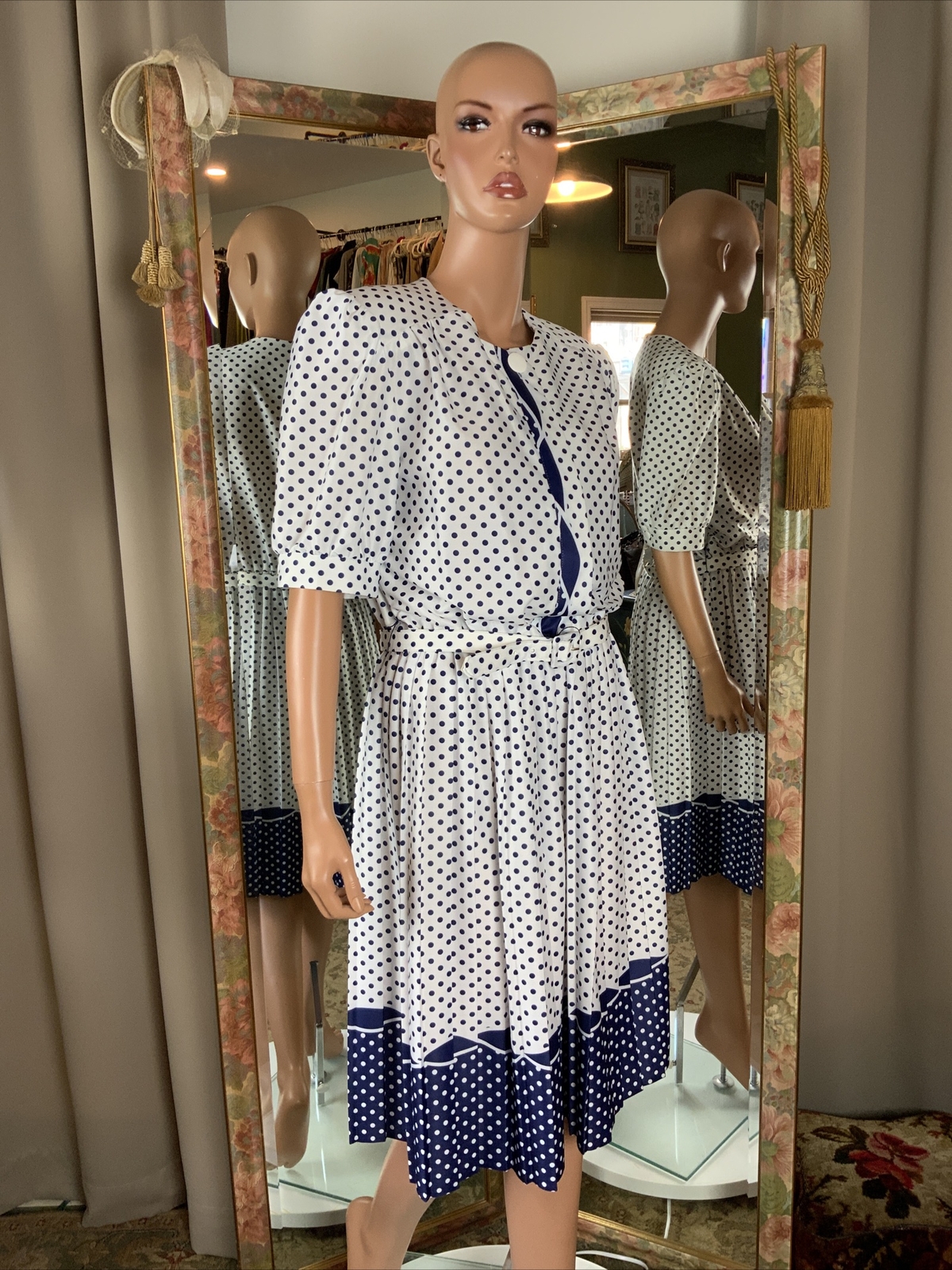 Vtg 80s Whirlaway Frocks Blue & White Polka Dot Belted Dress Sz 16P Bust 40