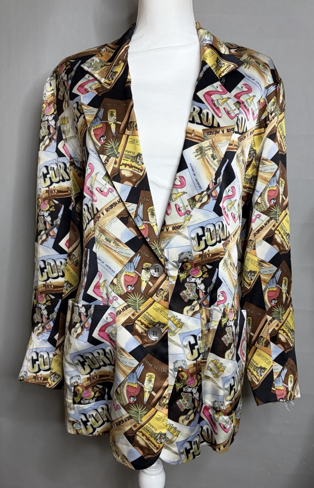 Vintage 90s Nicole Miller Silk Blazer M Rare Corona Postcard Print Jacket