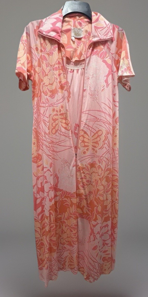 Vintage 70s Miss Elaine Mori Butterfly Floral Peignoir Set Nightgown Robe SZ SM