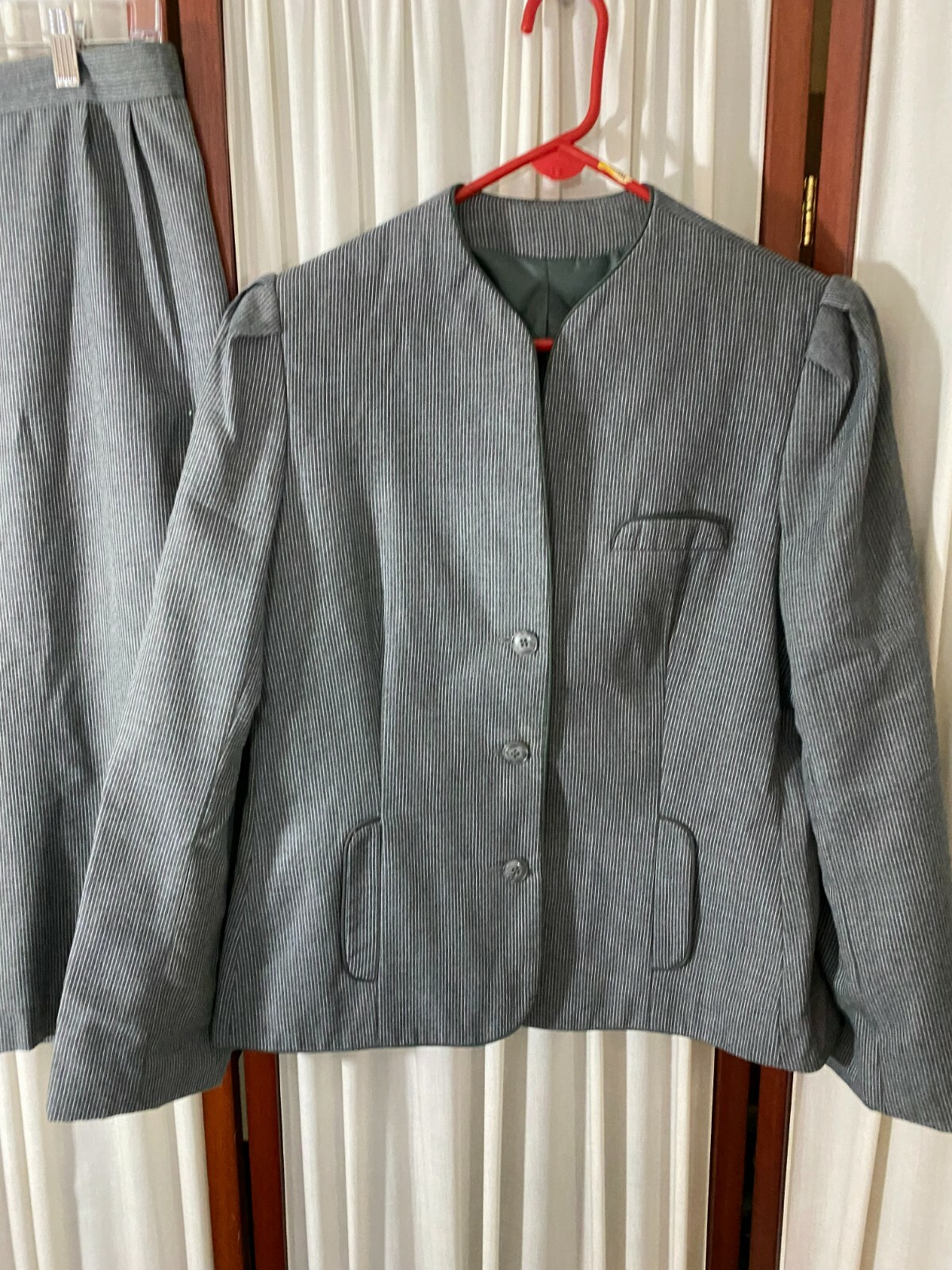 1980’s Gray Pinstripe SUIT by Judy’s Place- M/L- VG- TAILORED CLASSIC – SALE