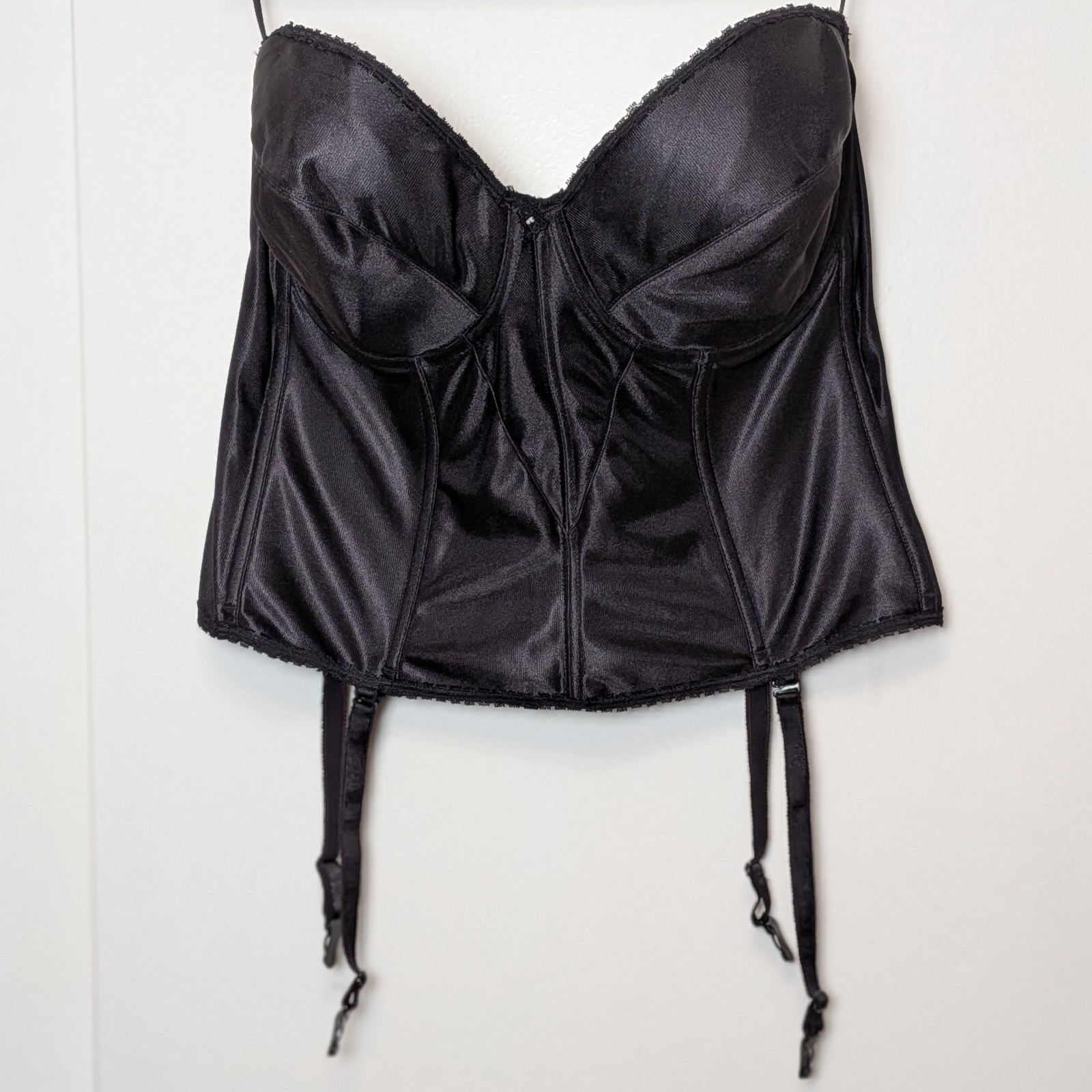 Vtg Carnival Longline Nylon Corset Bra w Garters 42DDD Black Goth Burlesque XL