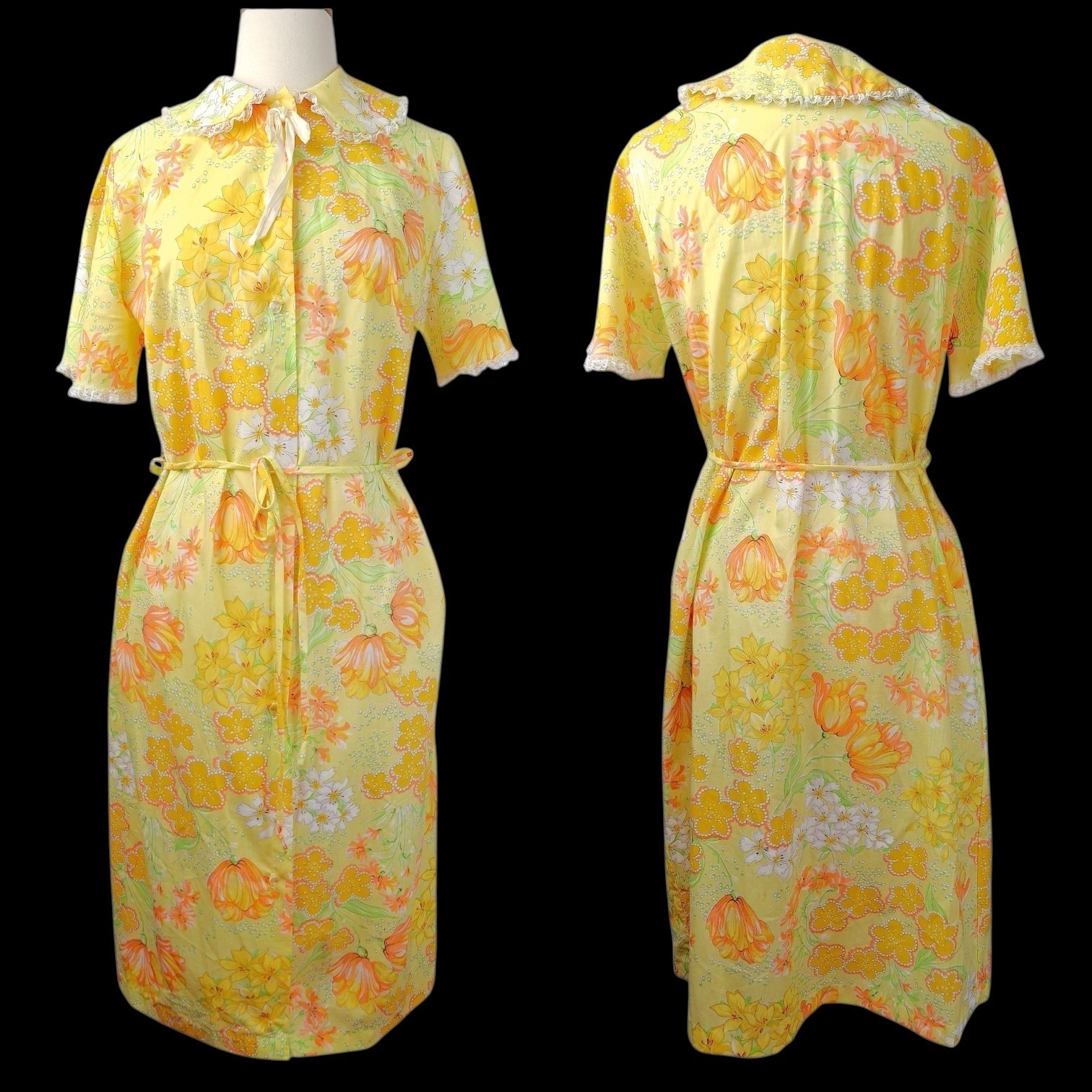 Vintage 60s 70s Floral Midi House Dress SM Lace Cottagecore Prairie Grannycore