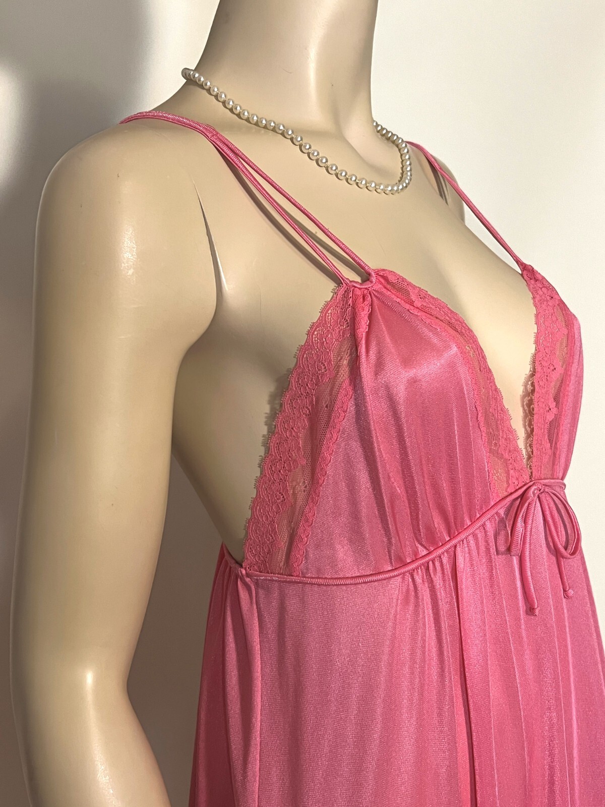 Vintage Sears Pink nylon double spaghetti strap nightgown with front slit size M