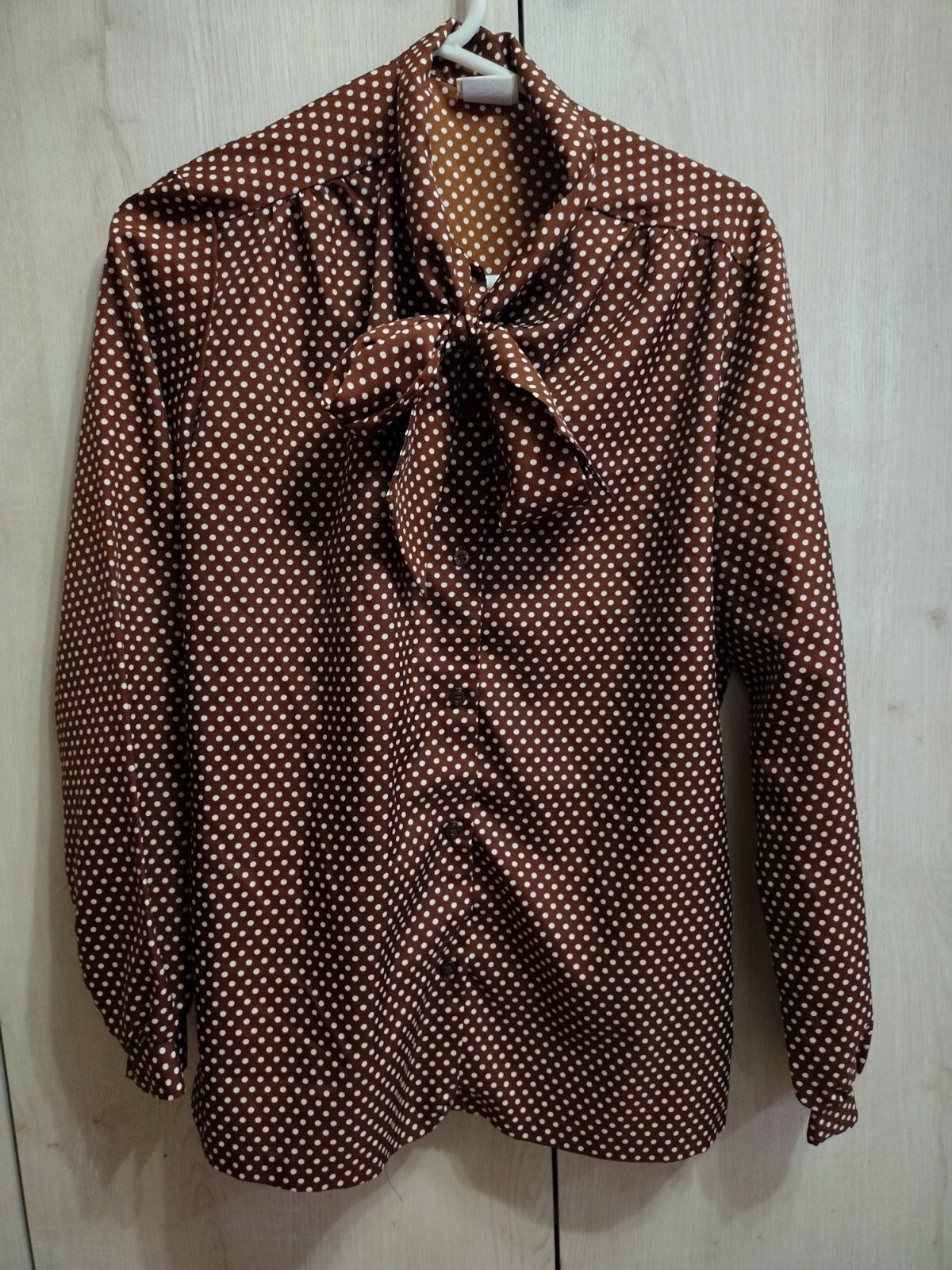 Vintage Womens 14T Sears Fashion Place Brown Polka Dot Tie Blouse Shirt Top VTG