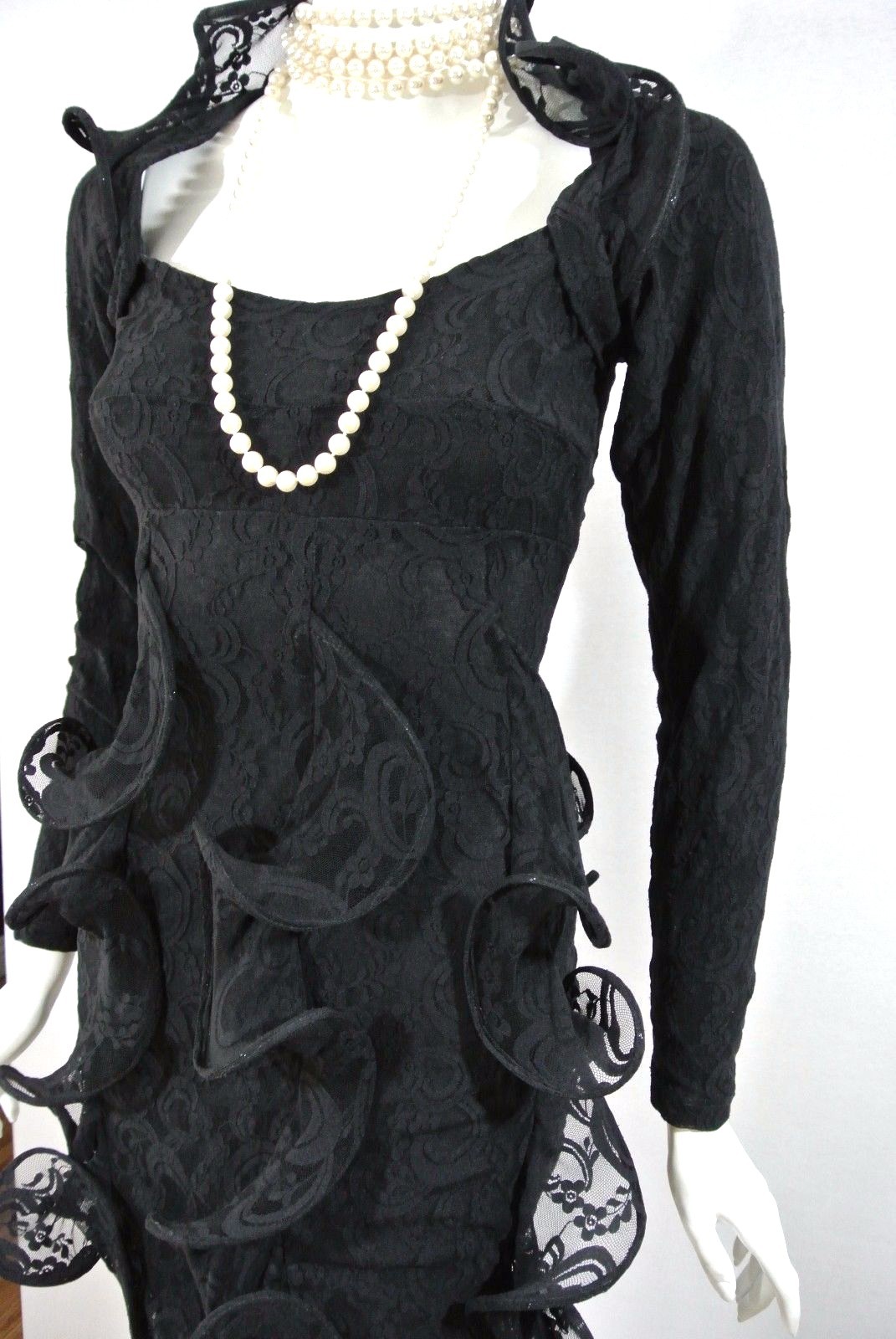 Black Lace Mini Cocktail Dress wires Unusual XS-S- Party Fitted Sexy