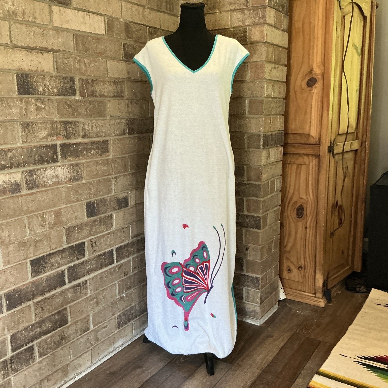 Vintage Bill Tice Terry Cloth Caftan Maxi Dress Butterfly Print Size Large #42F4