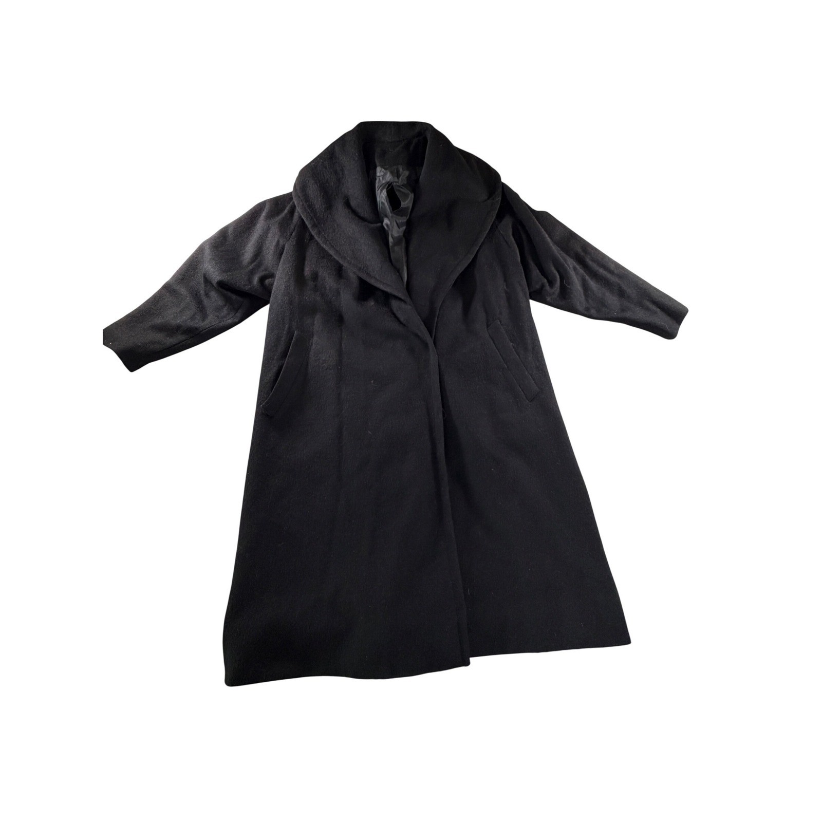 Vintage Kay McDowell Wool Alpaca Coat Black Shawl Collar Long 60s 70s Women