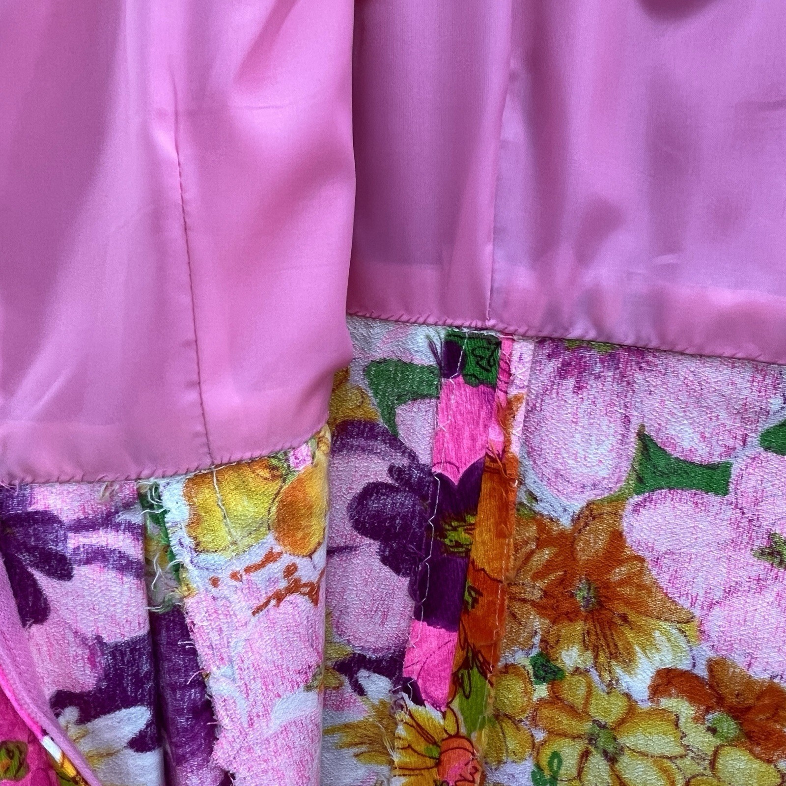 VTG 60s 70s Flower Power Dress XS Pink Colorful Floral Seamstress Made Maxi