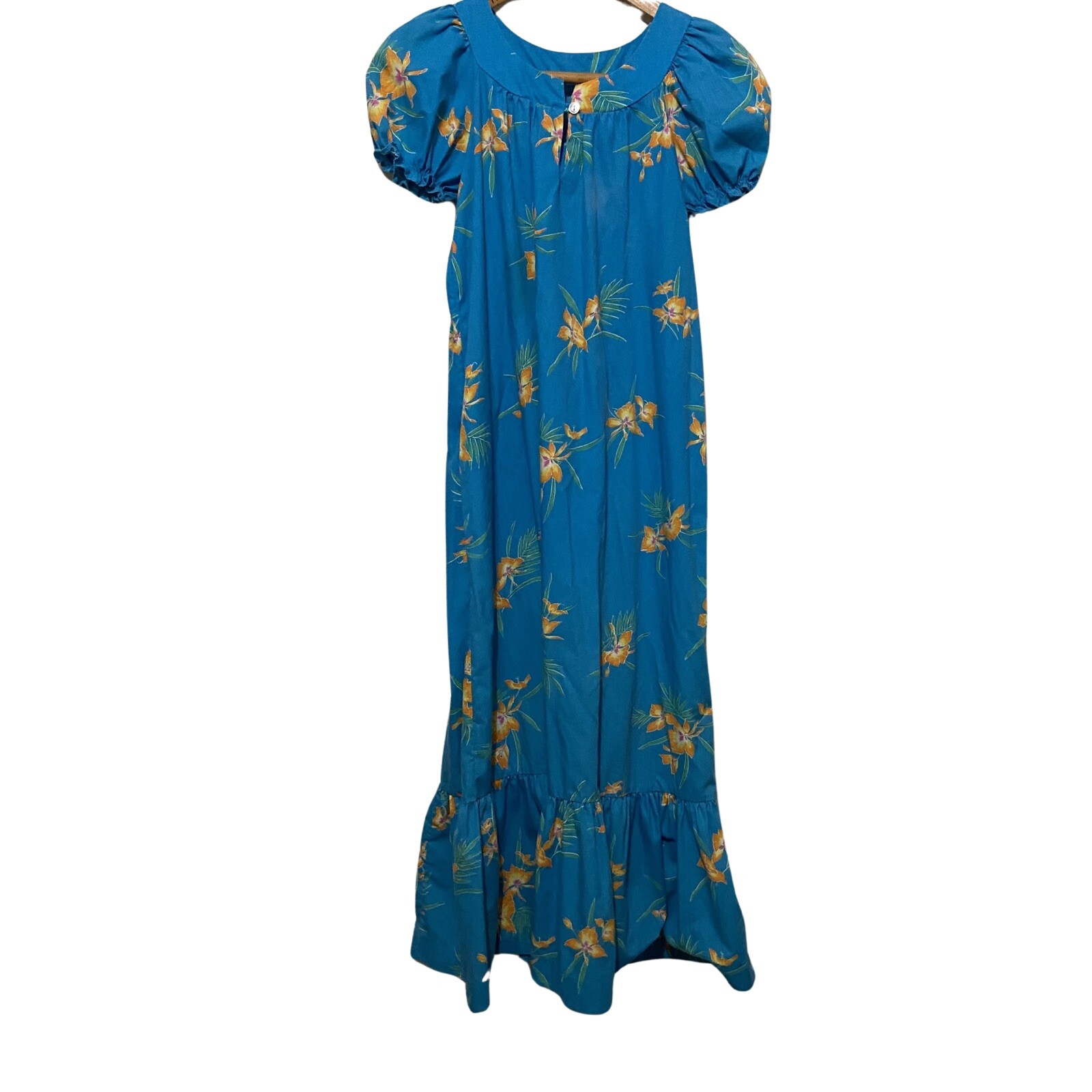 Vintage Nikky Hawaii Floral Dress Puff Sleeves Maxi Ruffle size S blue tiki